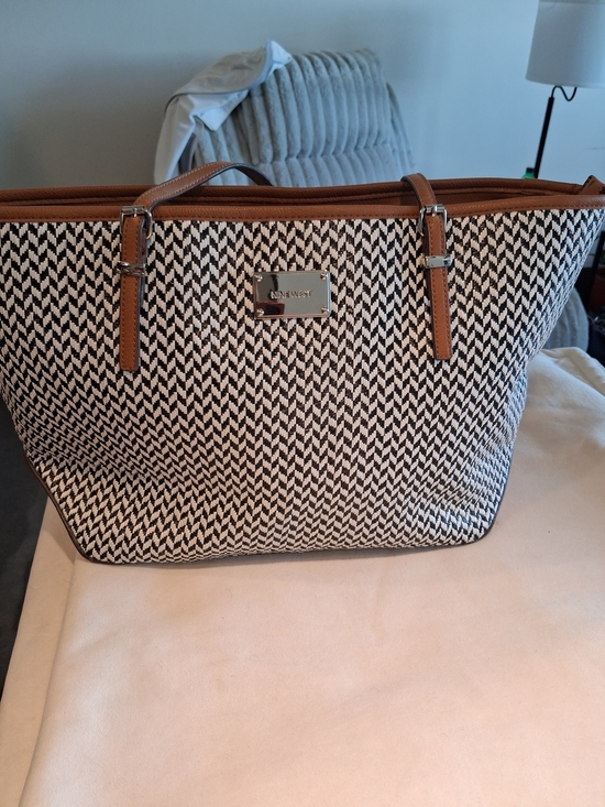 Nine West Handbags - Nine West Black & White Woven Tote with Tan Trim